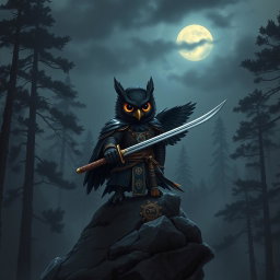 A short black-winged Owlin ronin samurai character from a Dungeons & Dragons setting, depicted in a striking pose atop a rocky outcrop