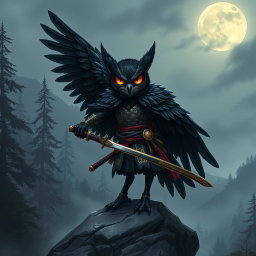 A short black-winged Owlin ronin samurai character from a Dungeons & Dragons setting, depicted in a striking pose atop a rocky outcrop