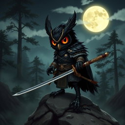 A short black-winged Owlin ronin samurai character from a Dungeons & Dragons setting, depicted in a striking pose atop a rocky outcrop
