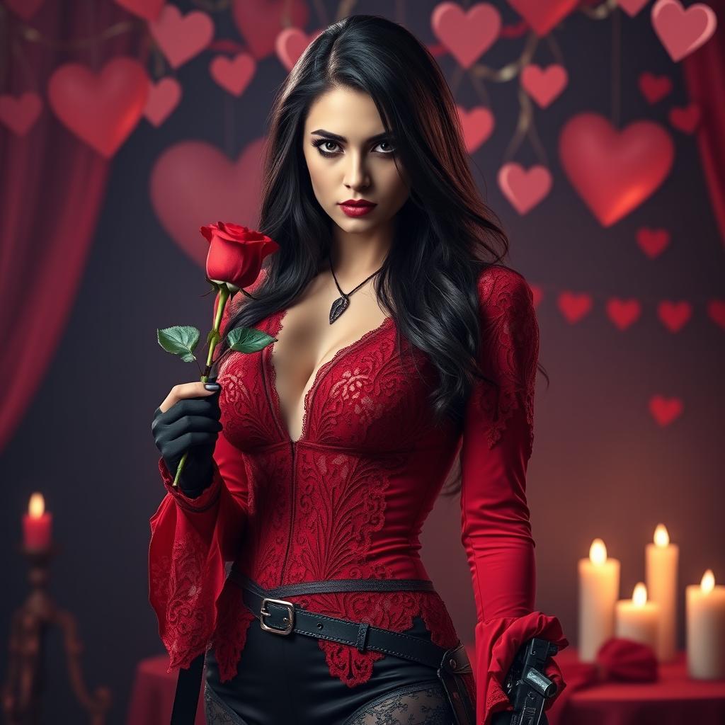 A striking female assassin, dressed elegantly for a Valentine's themed mission