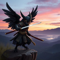A short black-winged Owlin ronin samurai character from a Dungeons & Dragons setting, depicted in a striking action pose on a cliff overlooking a serene valley at dusk