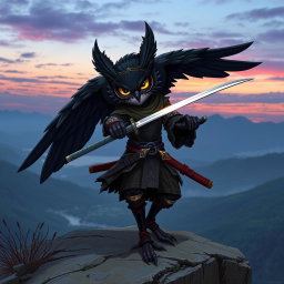 A short black-winged Owlin ronin samurai character from a Dungeons & Dragons setting, depicted in a striking action pose on a cliff overlooking a serene valley at dusk
