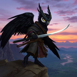 A short black-winged Owlin ronin samurai character from a Dungeons & Dragons setting, depicted in a striking action pose on a cliff overlooking a serene valley at dusk