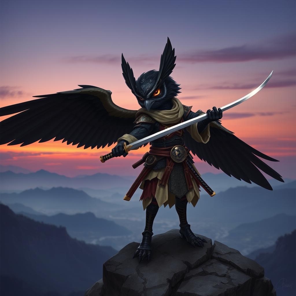 A short black-winged Owlin ronin samurai character from a Dungeons & Dragons setting, depicted in a striking action pose on a cliff overlooking a serene valley at dusk