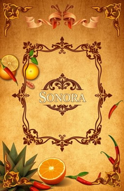 A cocktail menu cover designed in the theme of an ancient book, featuring a background with ingredients and flavors from Sonora such as agave, citrus fruits, and chilies