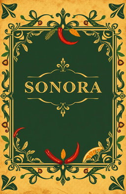 A cocktail menu cover designed in the theme of an ancient book, featuring a background with ingredients and flavors from Sonora such as agave, citrus fruits, and chilies