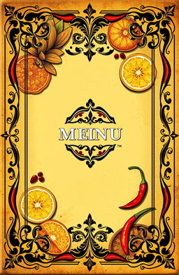 A cocktail menu cover designed in the theme of an ancient book, featuring a background with ingredients and flavors from Sonora such as agave, citrus fruits, and chilies