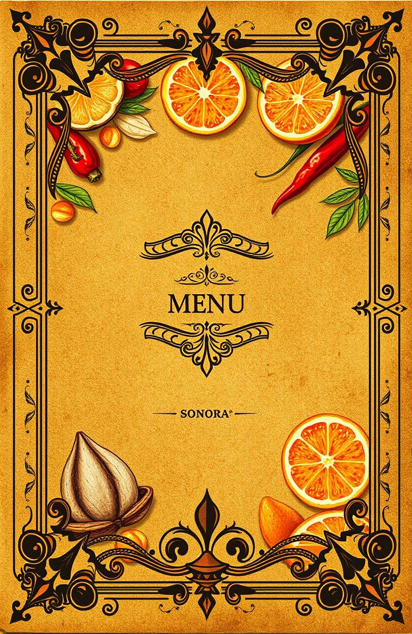 A cocktail menu cover designed in the theme of an ancient book, featuring a background with ingredients and flavors from Sonora such as agave, citrus fruits, and chilies