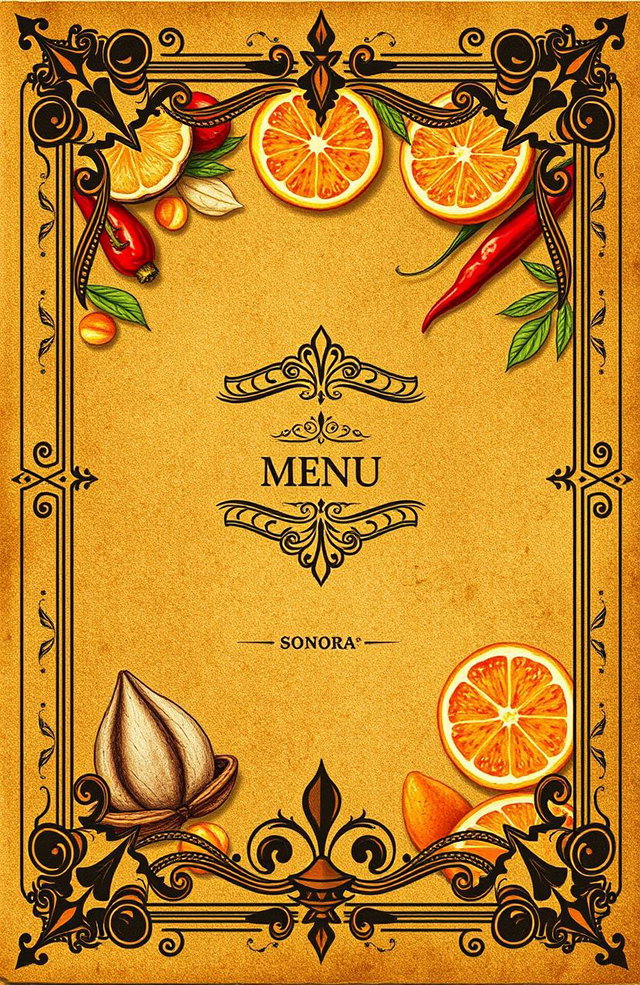 A cocktail menu cover designed in the theme of an ancient book, featuring a background with ingredients and flavors from Sonora such as agave, citrus fruits, and chilies