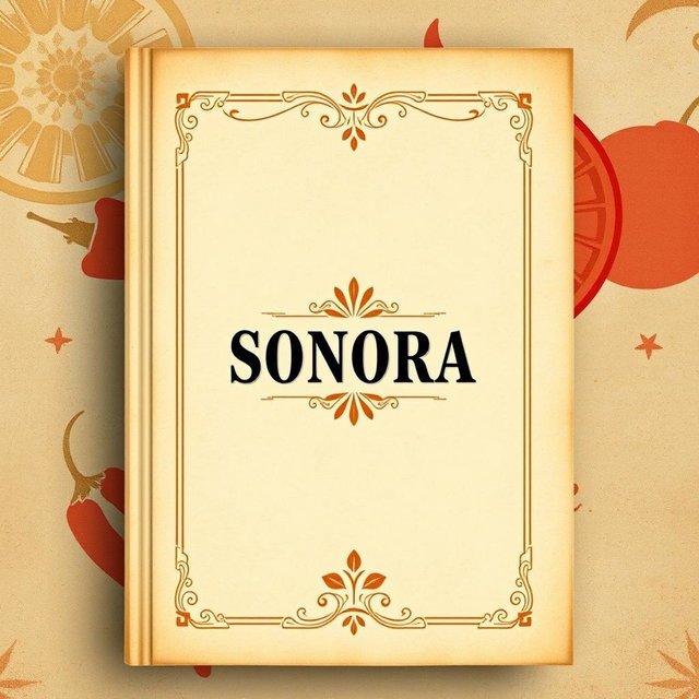 A minimalist cocktail menu cover designed with an ancient book theme, showcasing an abstract background that represents the ingredients and flavors of Sonora, such as agave, citrus fruits, and chilies