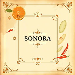 A minimalist cocktail menu cover designed with an ancient book theme, showcasing an abstract background that represents the ingredients and flavors of Sonora, such as agave, citrus fruits, and chilies