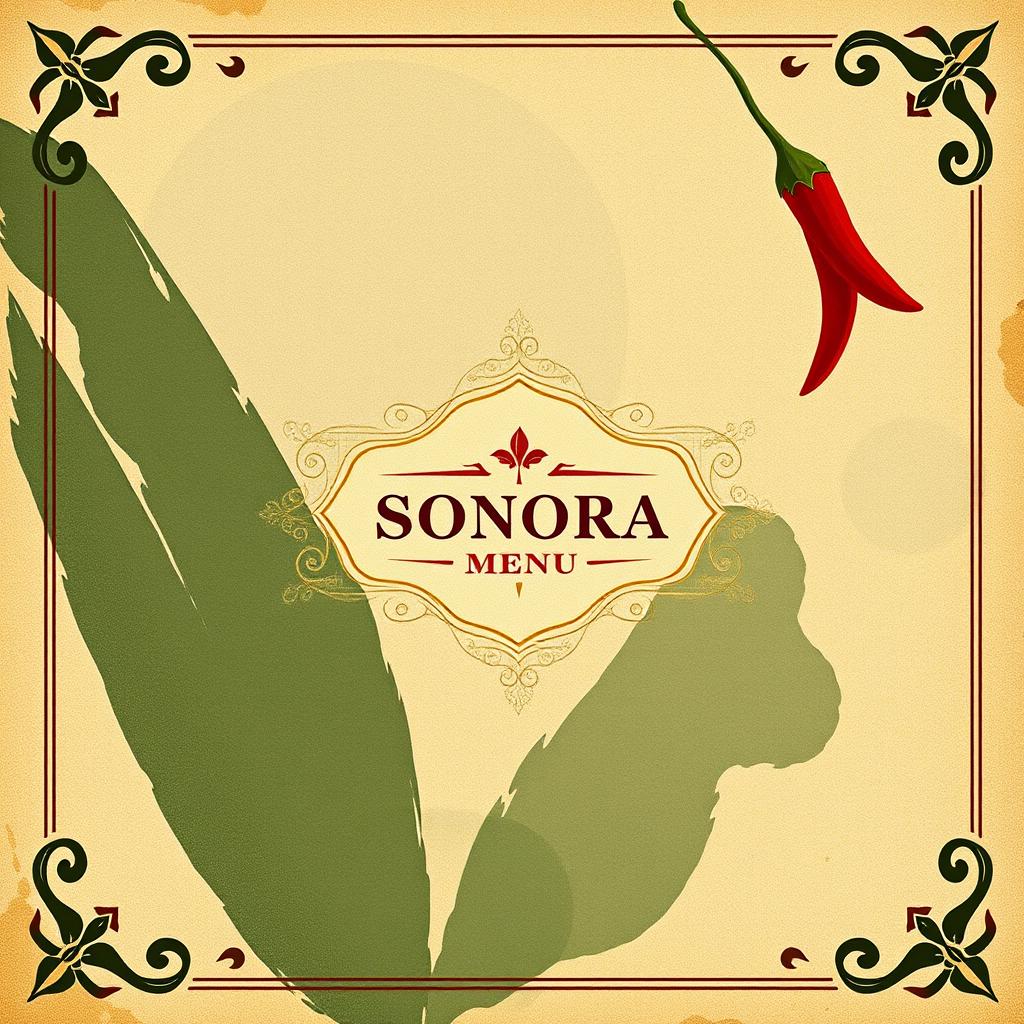 A minimalist cocktail menu cover designed with an ancient book theme, showcasing an abstract background that represents the ingredients and flavors of Sonora, such as agave, citrus fruits, and chilies