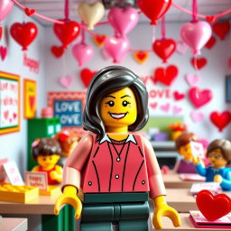 A delightful scene showcasing a LEGO teacher lady with dark hair, capturing the essence of Valentine's Day