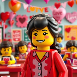 A delightful scene showcasing a LEGO teacher lady with dark hair, capturing the essence of Valentine's Day