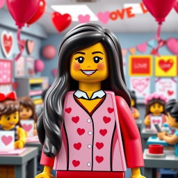 A delightful scene showcasing a LEGO teacher lady with dark hair, capturing the essence of Valentine's Day