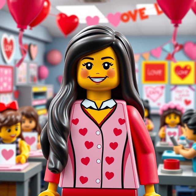 A delightful scene showcasing a LEGO teacher lady with dark hair, capturing the essence of Valentine's Day