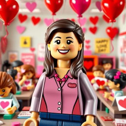 A delightful scene showcasing a LEGO teacher lady with dark hair, capturing the essence of Valentine's Day