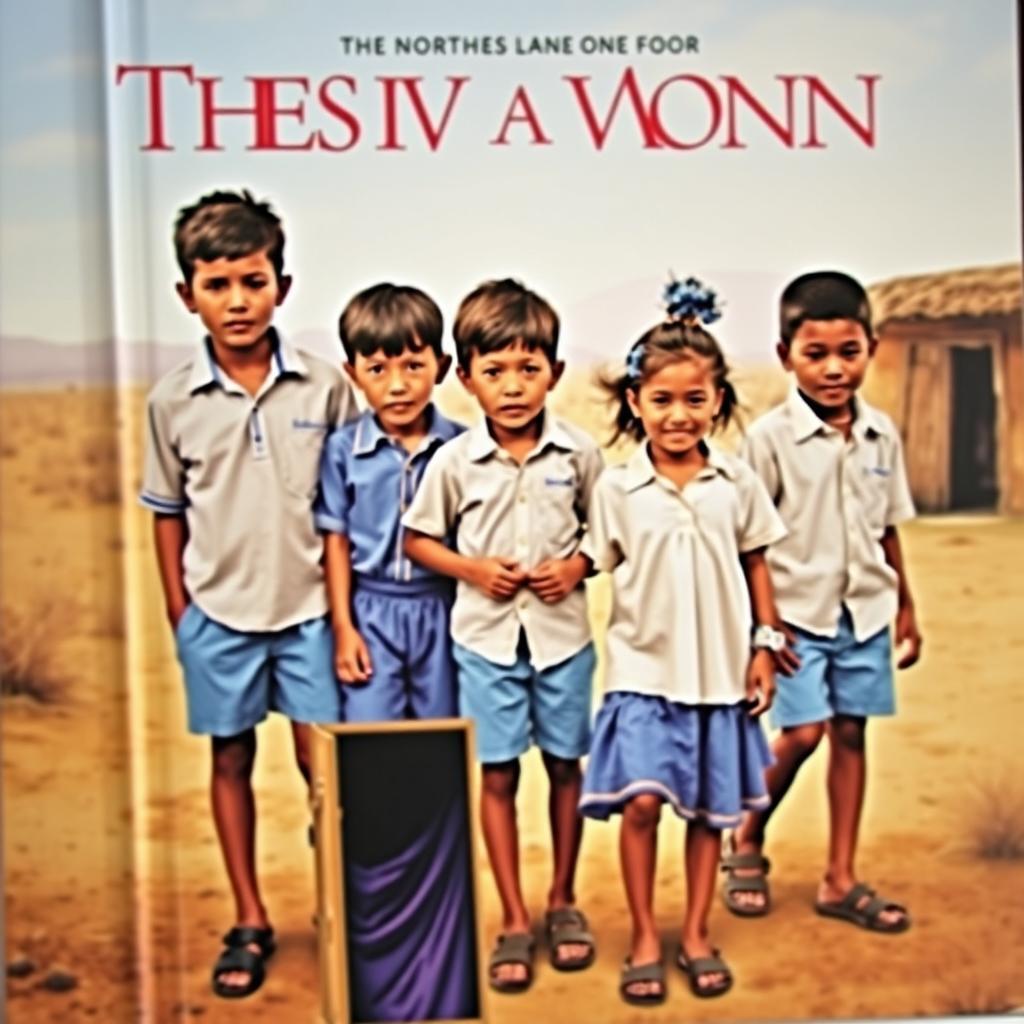 A book cover depicting five children, consisting of four boys wearing blue shorts and white shirts, and one girl in a blue skirt and white blouse