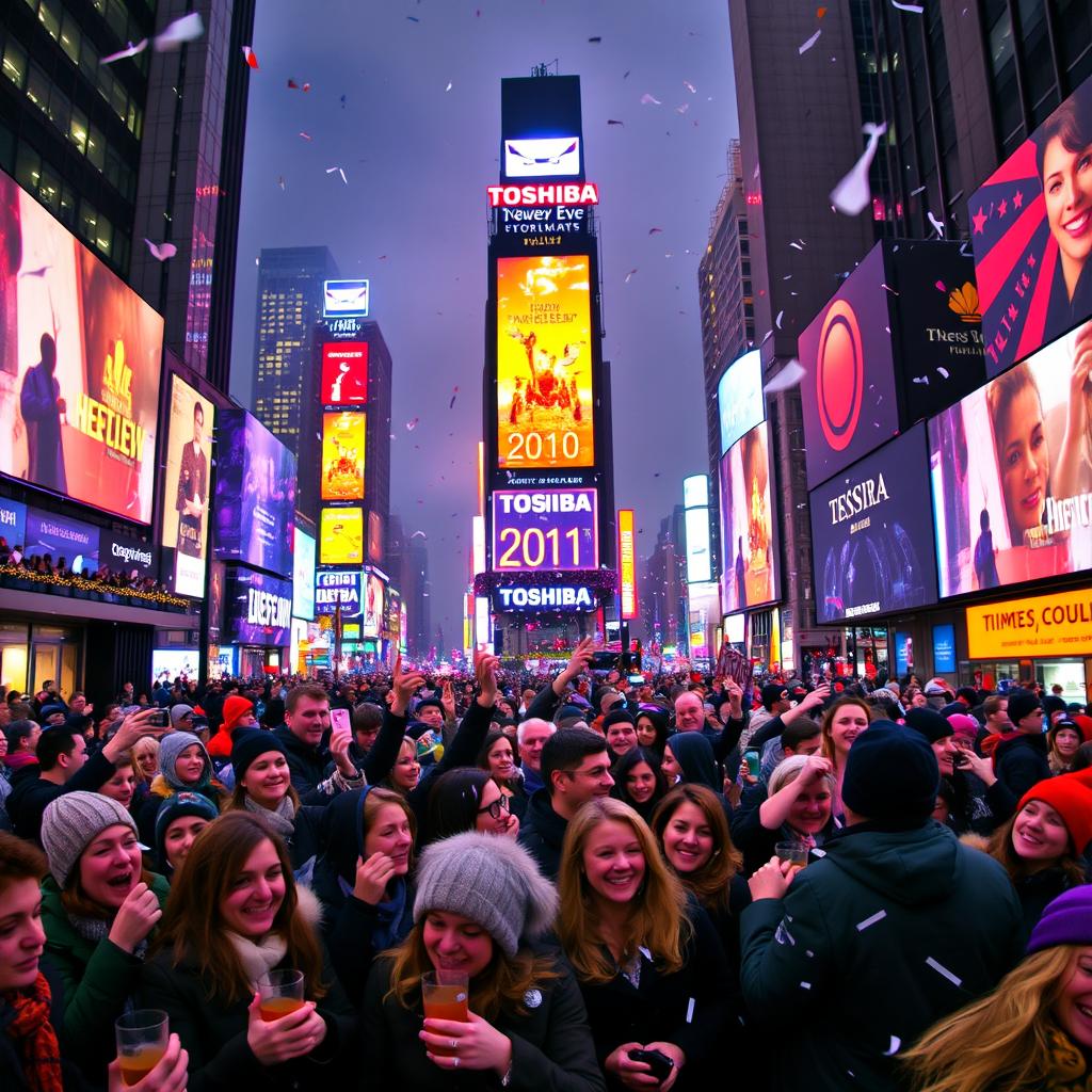 A vibrant, high-energy scene of Times Square during the New Year's Eve celebration for 2010-2011