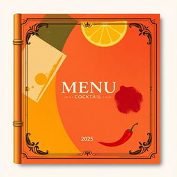 A modern minimalist cocktail menu cover inspired by the theme of an ancient book, featuring an abstract background that represents the ingredients and flavors of Sonora, such as agave, citrus fruits, and chilies