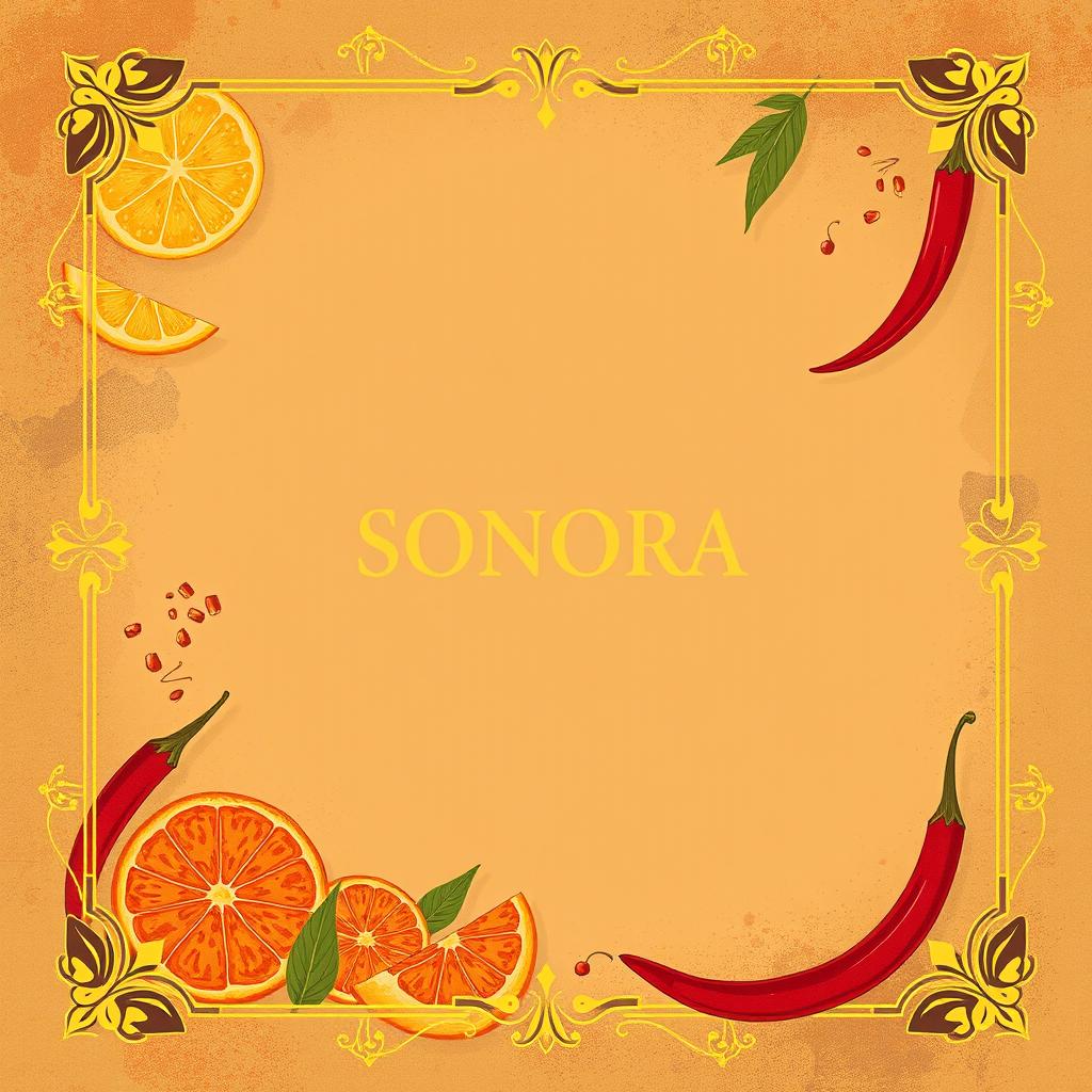 A modern minimalist cocktail menu cover inspired by the theme of an ancient book, featuring an abstract background that represents the ingredients and flavors of Sonora, such as agave, citrus fruits, and chilies