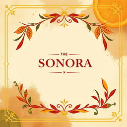 A modern minimalist cocktail menu cover inspired by the theme of an ancient book, featuring an abstract background that represents the ingredients and flavors of Sonora, such as agave, citrus fruits, and chilies