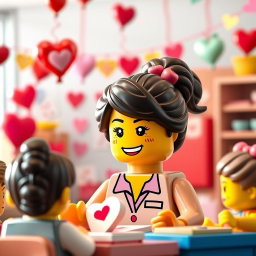 A charming scene depicting a LEGO teacher lady with dark hair styled in a messy bun, radiating warmth and approachability
