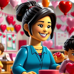 A charming scene depicting a LEGO teacher lady with dark hair styled in a messy bun, radiating warmth and approachability