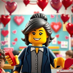 A charming scene depicting a LEGO teacher lady with dark hair styled in a messy bun, radiating warmth and approachability