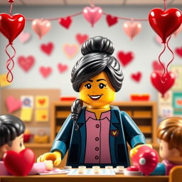 A charming scene depicting a LEGO teacher lady with dark hair styled in a messy bun, radiating warmth and approachability