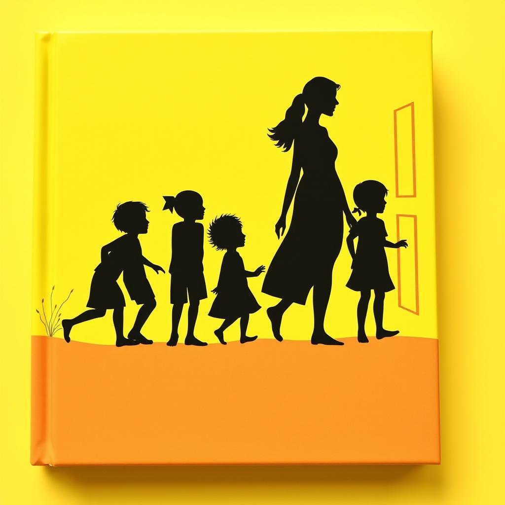 A book cover showcasing the silhouettes of five small children, including four boys and one girl, alongside a mother depicted as shadows