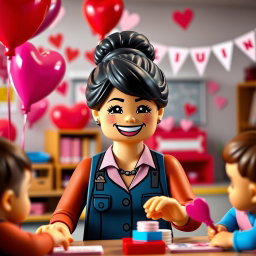 A cheerful scene featuring a LEGO teacher lady with dark hair styled in a messy bun, exuding a friendly and inviting presence