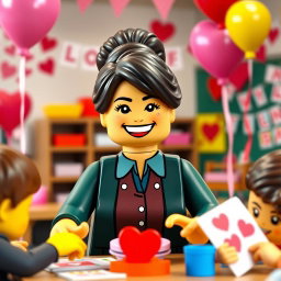 A cheerful scene featuring a LEGO teacher lady with dark hair styled in a messy bun, exuding a friendly and inviting presence