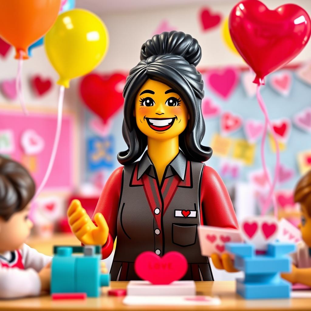 A cheerful scene featuring a LEGO teacher lady with dark hair styled in a messy bun, exuding a friendly and inviting presence