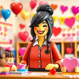 A cheerful scene featuring a LEGO teacher lady with dark hair styled in a messy bun, exuding a friendly and inviting presence