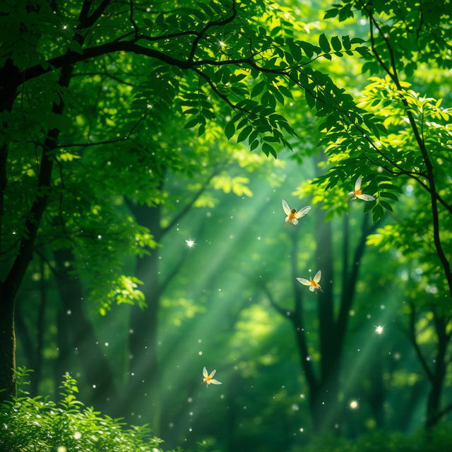 A serene and enchanting landscape, showcasing a lush forest filled with vibrant green trees, dappled sunlight filtering through the leaves