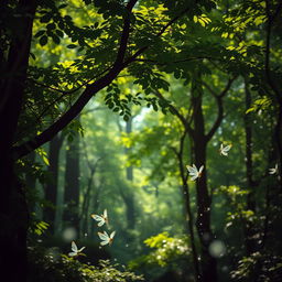 A serene and enchanting landscape, showcasing a lush forest filled with vibrant green trees, dappled sunlight filtering through the leaves