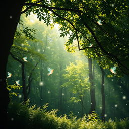 A serene and enchanting landscape, showcasing a lush forest filled with vibrant green trees, dappled sunlight filtering through the leaves