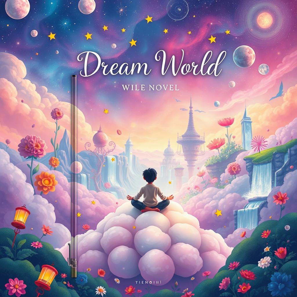 A whimsical book cover for a novel titled 'Dream World'