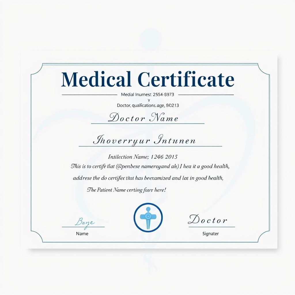 A realistic medical certificate template featuring a professional design