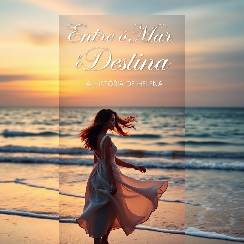 A captivating book cover design for a romance novel titled 'Entre o Mar e o Destino: A História de Helena'