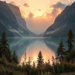 A breathtaking mountain lake at sunrise, with soft golden light reflecting on the calm water