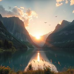 A breathtaking mountain lake at sunrise, with soft golden light reflecting on the calm water