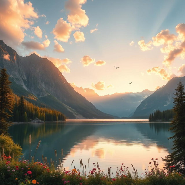 A breathtaking mountain lake at sunrise, with soft golden light reflecting on the calm water