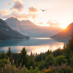 A breathtaking mountain lake at sunrise, with soft golden light reflecting on the calm water