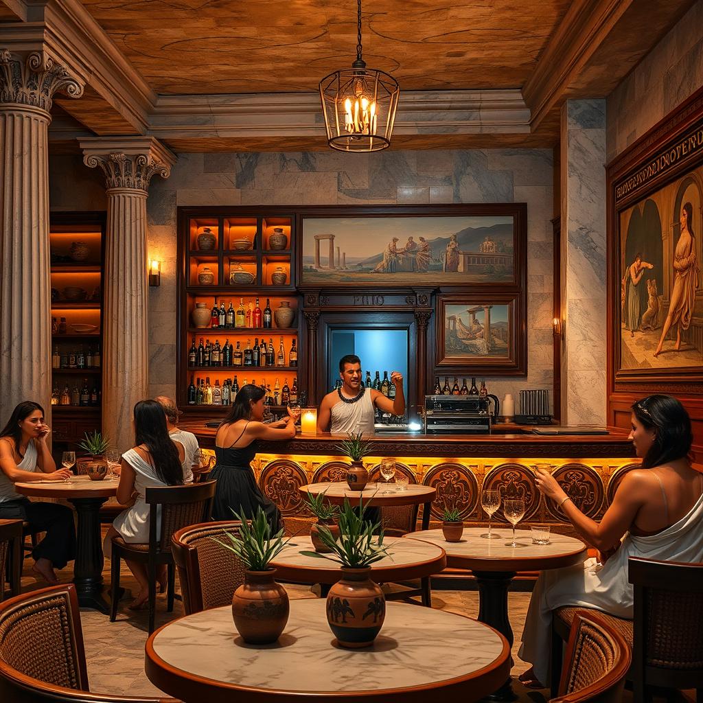 An ancient Athens-inspired bar setting, featuring classical Greek architecture with marble columns and stone walls