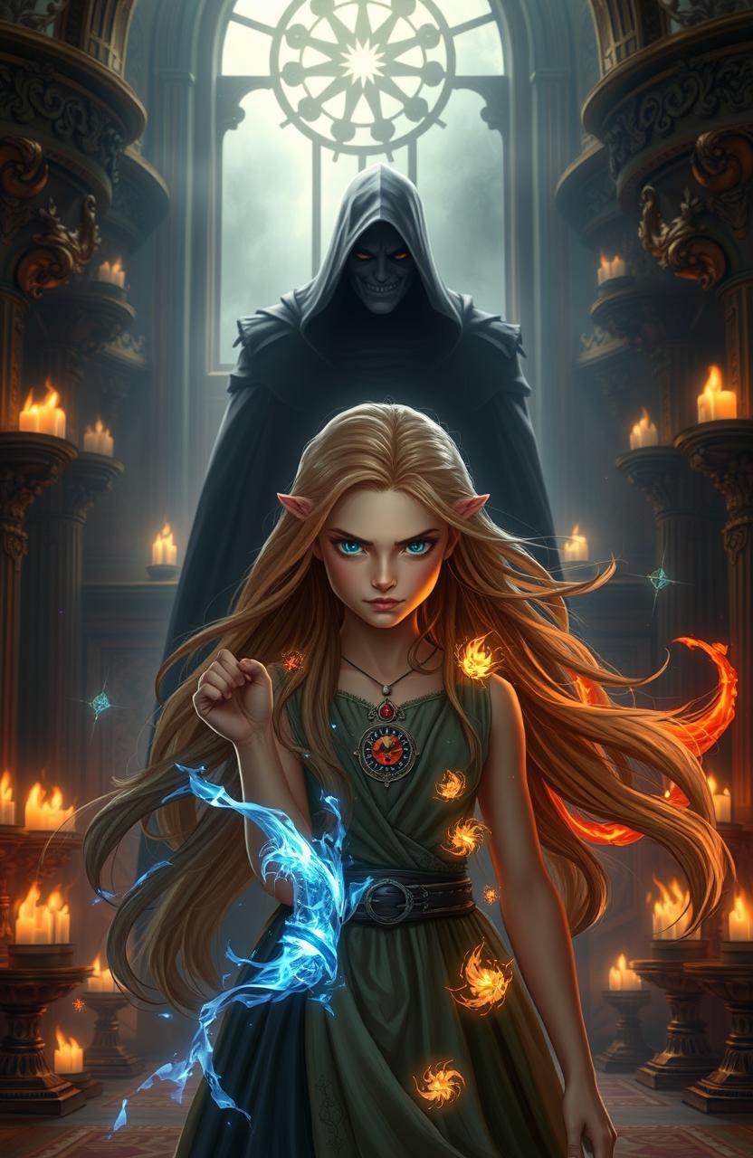 An epic fantasy scene featuring a young elemental heiress discovering her true identity as she stands defiantly in a grand castle hall, adorned with ancient symbols representing her elemental powers