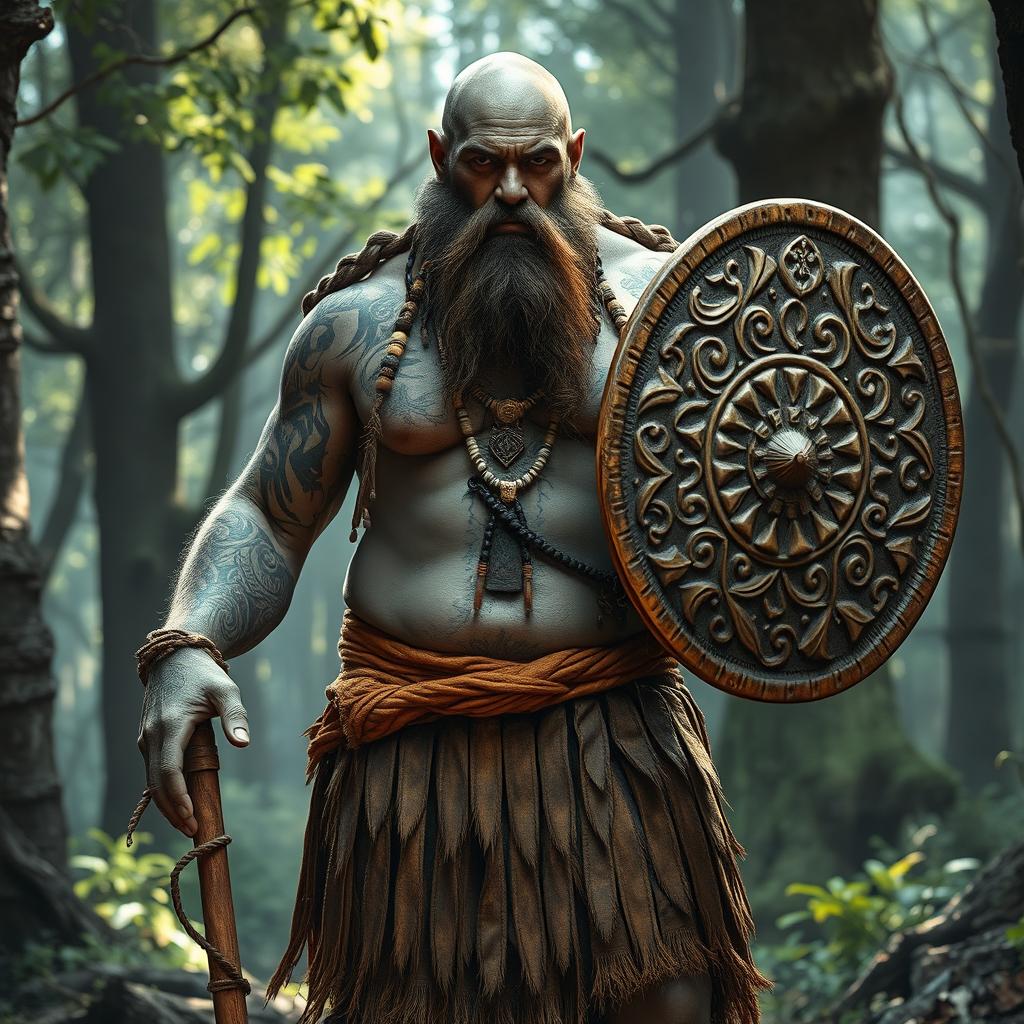 A powerful male Goliath shaman with grey skin, adorned with intricate tribal tattoos covering his muscular body