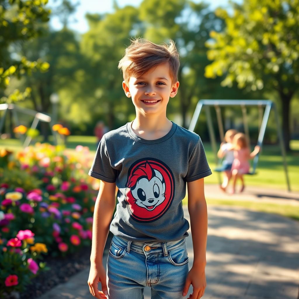 A slim young boy standing confidently in a bright sunny park, wearing a stylish graphic t-shirt and denim shorts