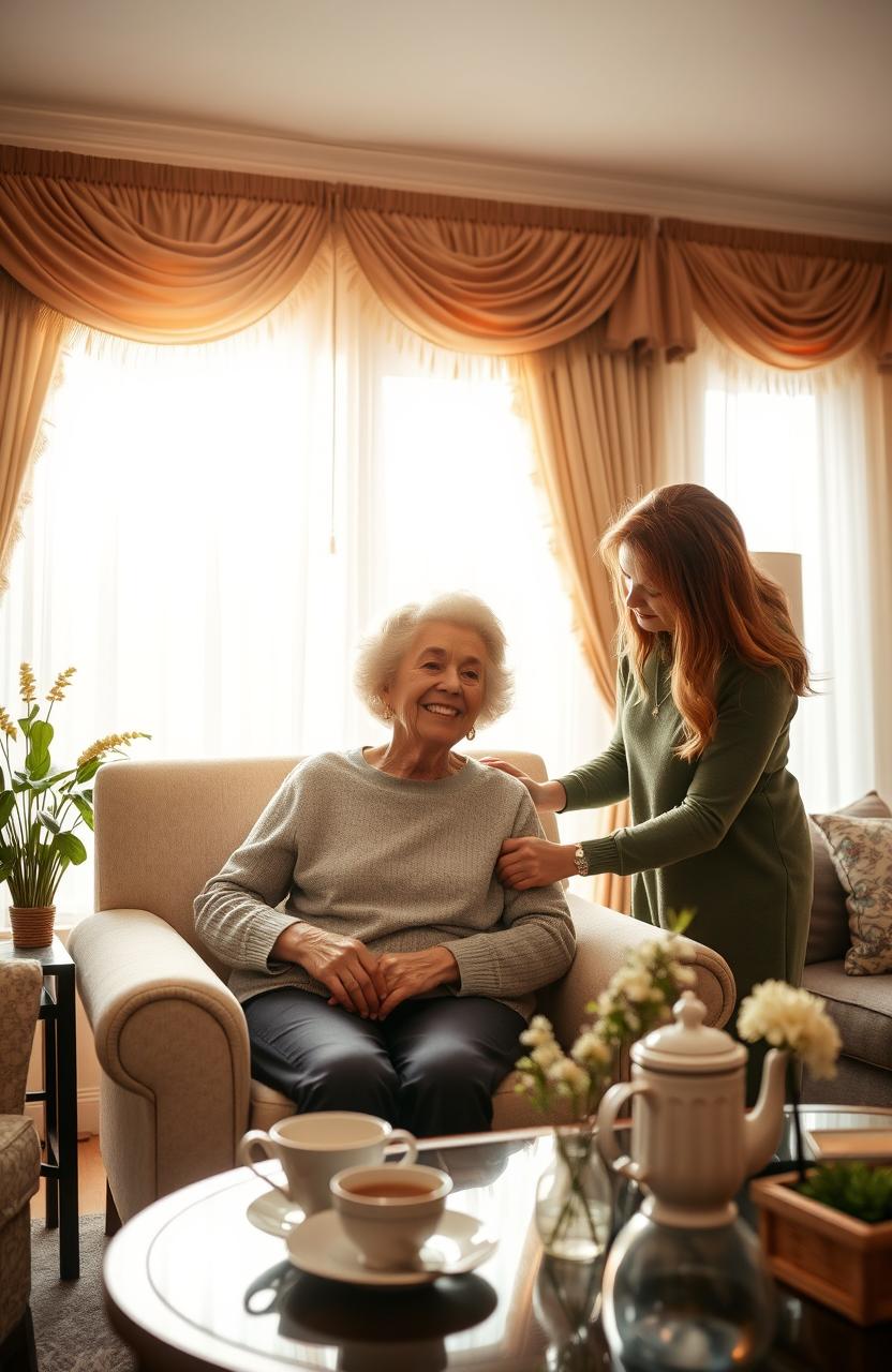 A warm family scene depicting two caring daughters taking care of their 92-year-old mother in a cozy living room